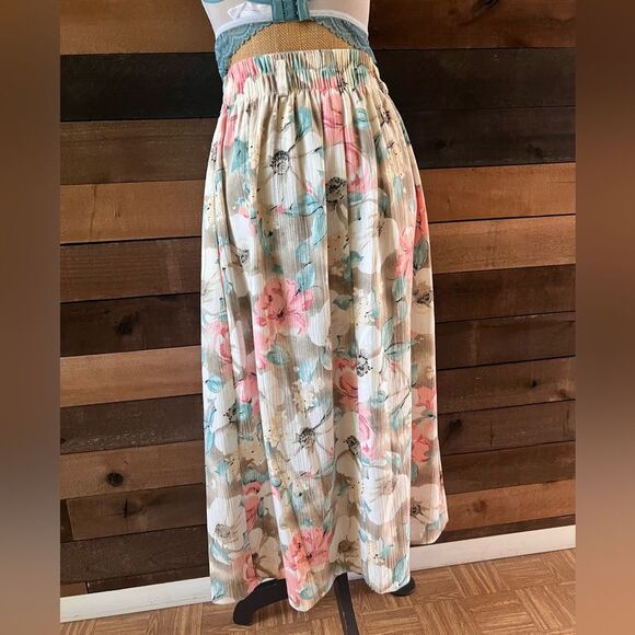 Vintage Soft Pastel Floral Claude Skirt Belt Loops Elastic Waist - Picture 3 of 10